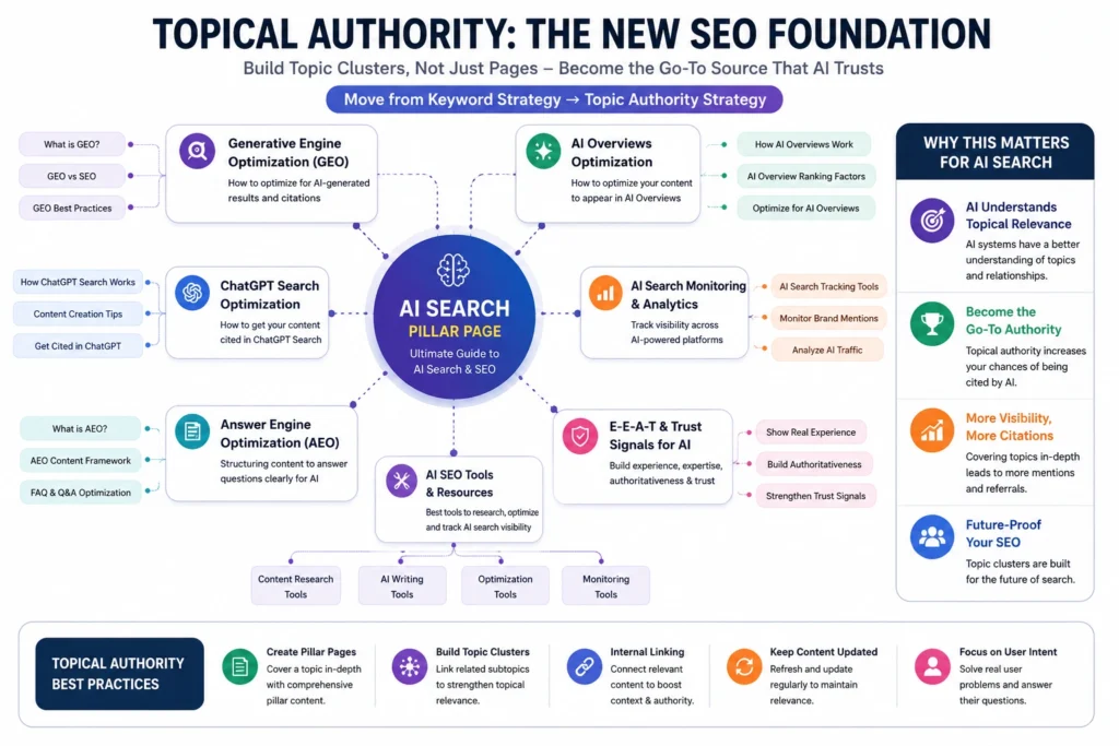 Topical authority content cluster diagram showing AI Search pillar page connected to GEO, AEO, ChatGPT Search, AI Overviews, E-E-A-T, and AI SEO topics