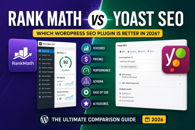 Rank Math vs Yoast SEO comparison image showing features, pricing, schema markup, AI tools, performance, and WordPress SEO plugin differences in 2026.