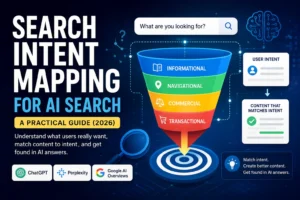 Search intent mapping for AI search feature image showing informational, navigational, commercial, and transactional intent for ChatGPT, Perplexity, and Google AI in 2026