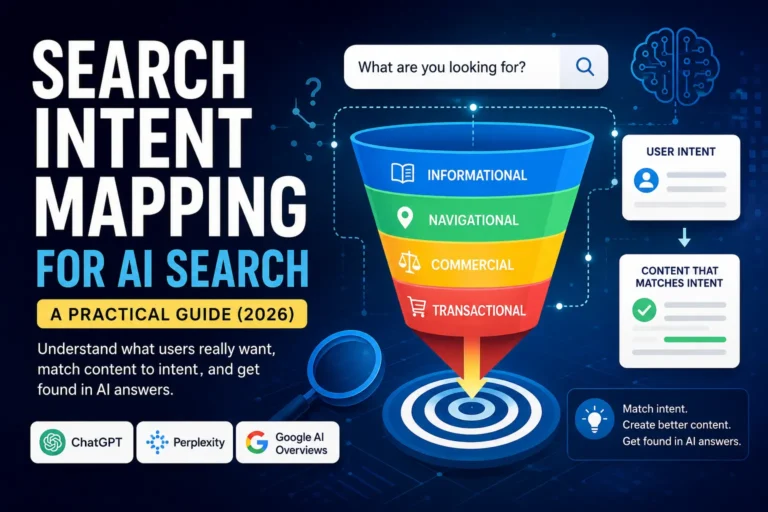Search intent mapping for AI search feature image showing informational, navigational, commercial, and transactional intent for ChatGPT, Perplexity, and Google AI in 2026