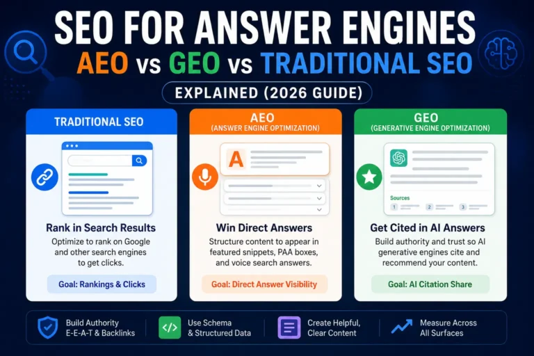 SEO for Answer Engines comparison showing AEO, GEO, and traditional SEO strategies in 2026
