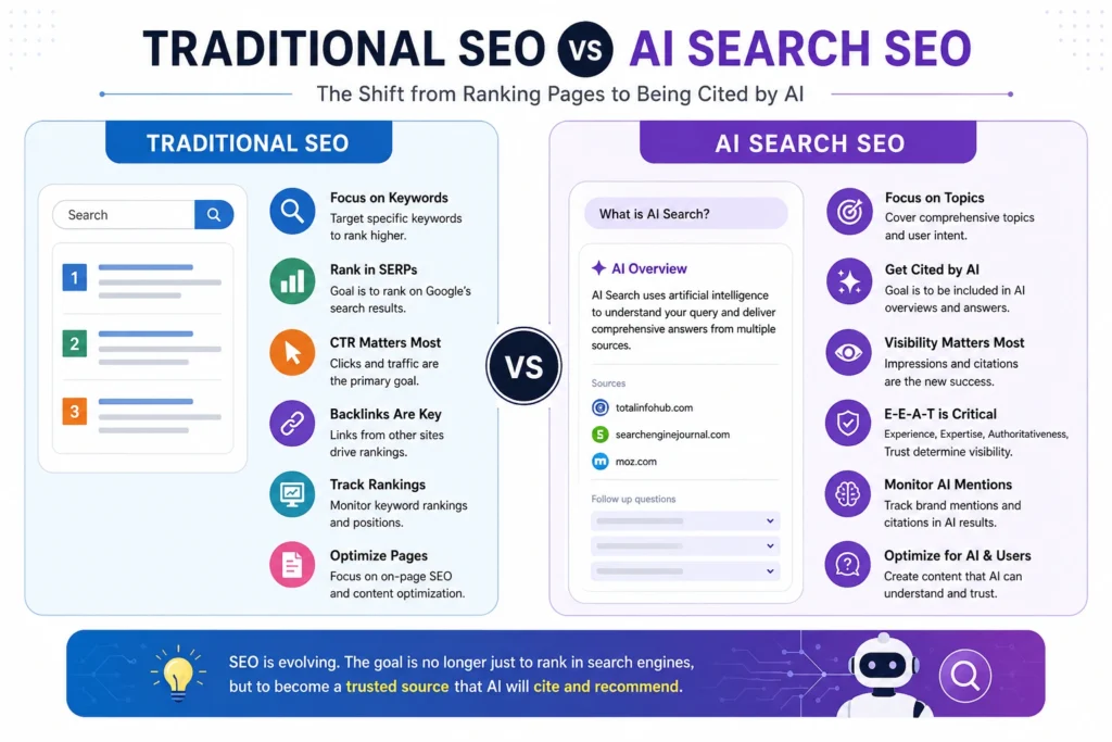 Traditional SEO vs AI Search SEO comparison showing the shift from keyword rankings to AI citations, topical authority, and E-E-A-T in 2026
