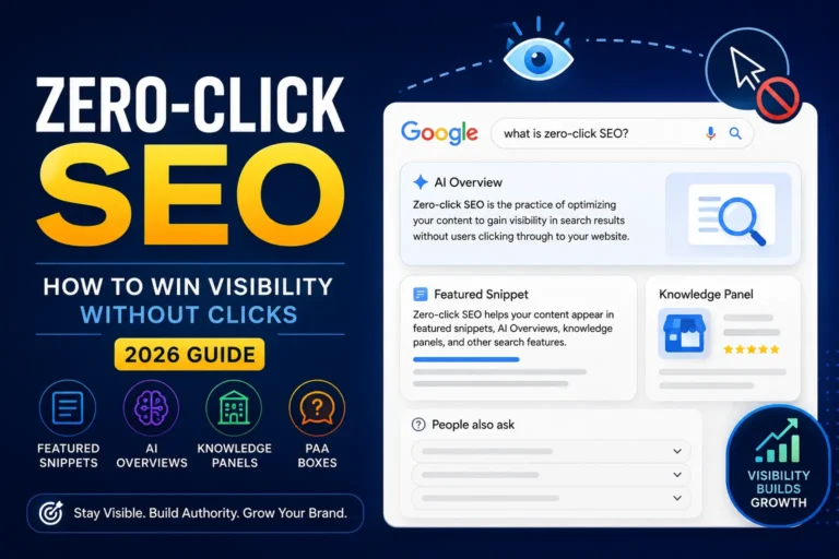 Zero-Click SEO guide in 2026 showing AI Overviews, featured snippets, knowledge panels, and PAA boxes