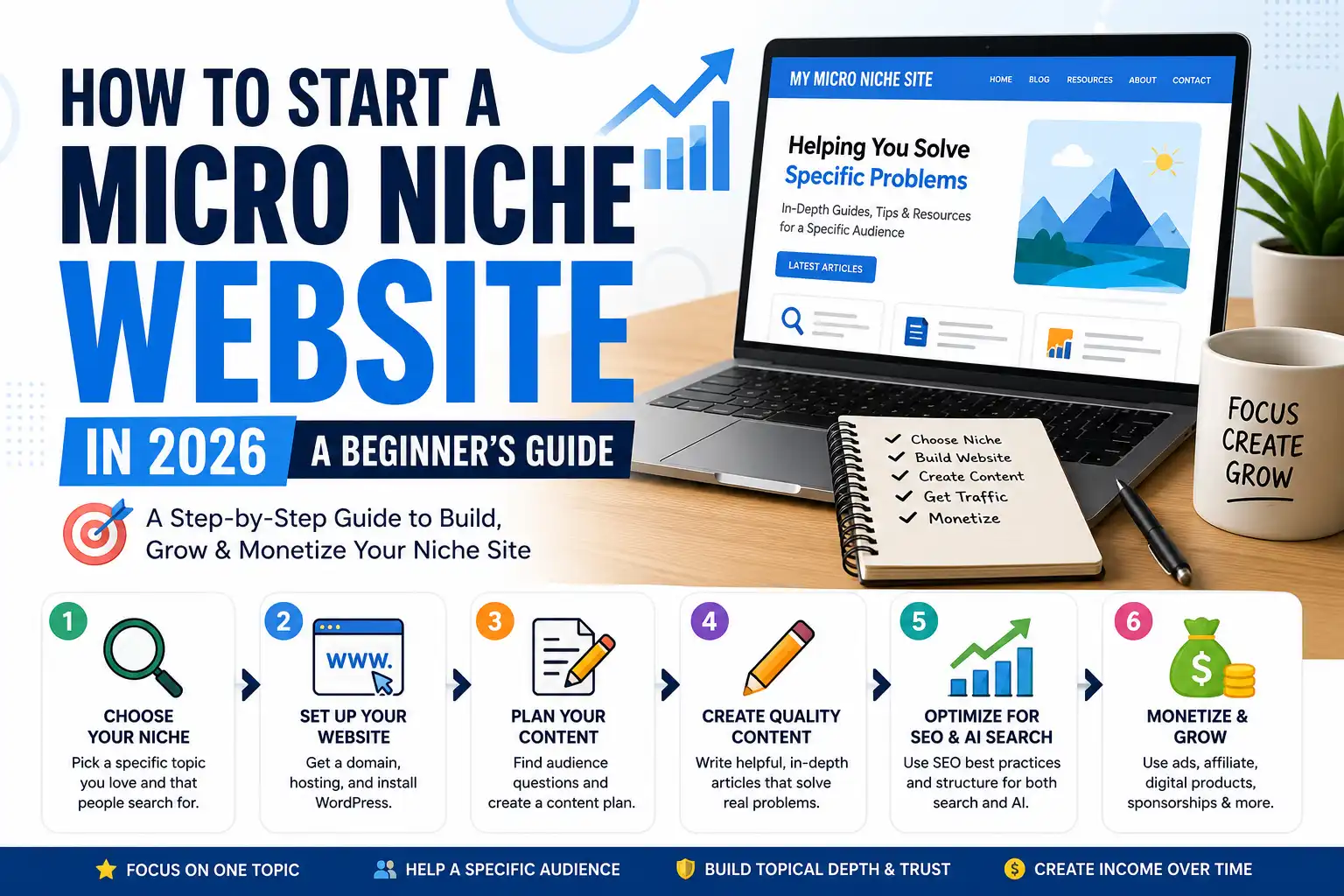 Step-by-step visual guide showing how to start a micro niche website in 2026 from niche selection to monetization